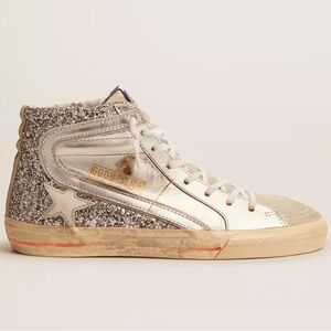Golden Goose Silver Glitter High-Top Slide Sneakers